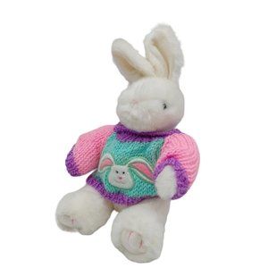 Main Joy White Bunny Rabbit Plush Stuffed Animal In Pastel Sweater 9” Easter
